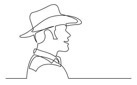 牛仔帽男子白色背景肖像上孤立的连续线条画