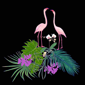 热带植物的组成，棕榈叶怪物和白色兰花与火烈鸟在植物风格的彩色矢量插图霓虹灯荧光颜色。 孤立在黑色背景上。