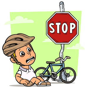 卡通白色可爱的哭泣，坐着扁平的胖男孩角色，戴着自行车和红色的停车交通标志。 在绿色背景上。 矢量图标。