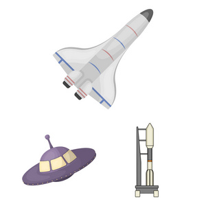 宇宙飞船和飞船标志的孤立物体。 收集宇宙飞船和车站股票矢量插图。