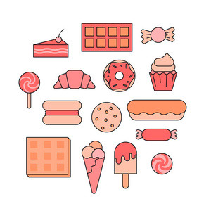 大甜点蛋糕甜甜圈冰淇淋牛角面包马卡龙和华夫饼。 平面和线条样式的矢量插图