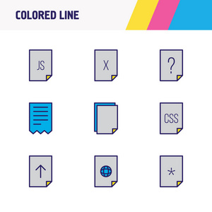 图为9个文档图标彩色行。可编辑的上载web重要文件和其他图标元素集