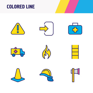 9个紧急图标彩色线的向量例证。可编辑的救护车圆锥头盔和其他图标元素