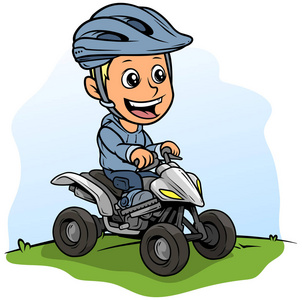 卡通，白色，可爱，微笑，扁平，金发男孩，性格驾驶道路四摩托车，戴着防护头盔。 在蓝色背景上。 矢量图标。