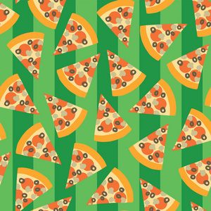 披萨片无缝矢量图案。 背景与手绘比萨饼。 涂鸦比萨饼与橄榄蘑菇奶酪萨拉米西红柿。 快餐无缝。 用于菜单传单足球派对装饰。