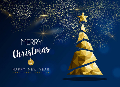 圣诞快乐，新年快乐，金色松树在时髦的三角形低聚风格的蓝色背景。圣诞贺卡或优雅的节日派对邀请。