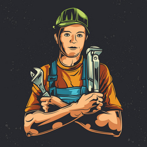 手里拿着工具的水管工复古风格的原始矢量插图.手里拿着工具做饭.