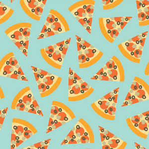 披萨片无缝矢量图案。背景与手绘披萨。面条披萨，橄榄，蘑菇，奶酪，沙拉米，西红柿。快餐无缝矢量图案。菜单，传单，装饰，派对