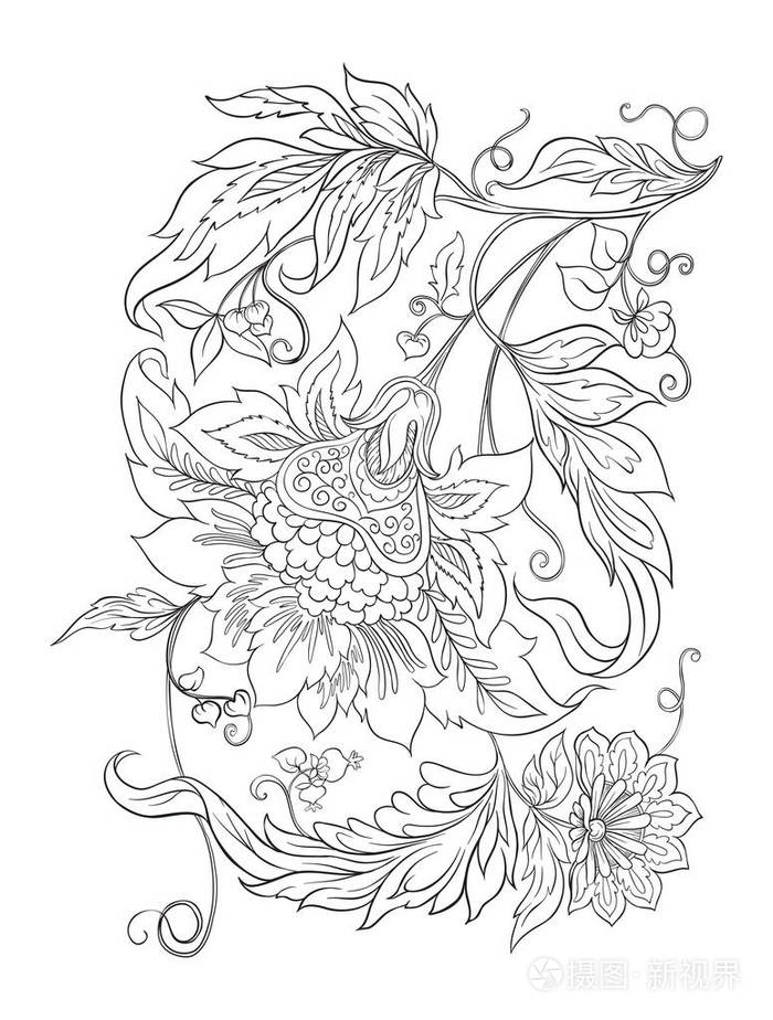 雅各布刺绣. 轮廓手绘矢量插图. 成人着色书的着色页.