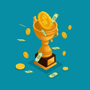 奖金, 金钱从天而降, 金币, 现金美元, 大量的钱被孤立在蓝色的背景