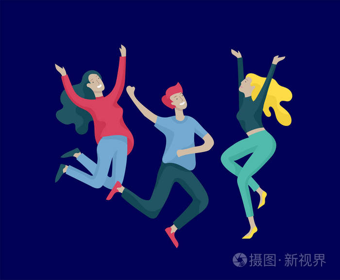 以各种姿势跳来跳去的角色一群年轻快乐的笑的人举起双手跳着快乐积极