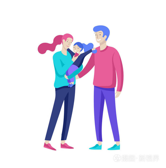 插画 家庭花时间在一起, 快乐的父母带着孩子.向量人字符.eps