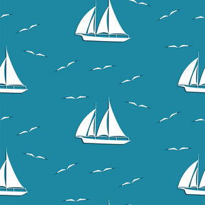 夏春图案帆船白色及海鸥蓝色矢量背景