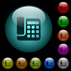 办公室电话图标在彩色照明球形玻璃按钮在黑色背景。 可用于黑色或深色模板