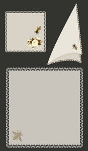 织物餐巾纸与贴花和花边装饰隔离在一个黑暗的背景矢量。 家用纺织品