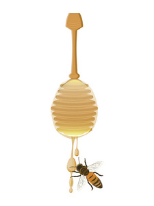蜜蜂和蜂蜜从一个木瓢上滴下来，隔离在白色背景的平面样式矢量上。 自然产品概念