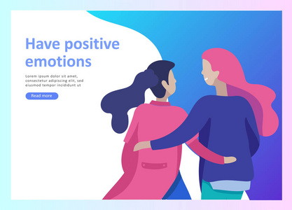 正面心理学团体家庭心理治疗的登陆页面模板。快乐的朋友性格有积极的情感, 通往幸福的道路