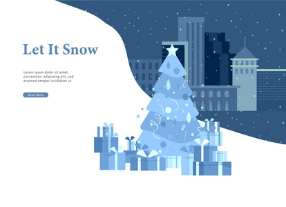 圣诞节和新年愉快的网站与圣诞树和礼物在背景城市冬天雪公园