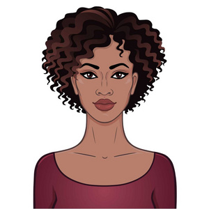 非洲美人。动画肖像的年轻美丽的黑人妇女卷发。彩色绘图。模板供使用。在白色背景上隔离的矢量插图。
