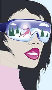 冬季运动。戴眼镜的女人，有雪堆树木和滑雪者的倒影艺术矢量。