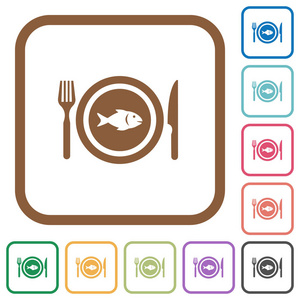 午餐用鱼简单图标，白色背景的圆形方形框架
