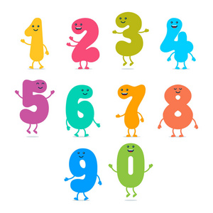 数学字符一组有趣的彩色数字字符.可爱的微笑人物,数学符号.