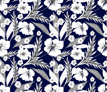无缝花卉复古图案..深蓝色背景上的白色花朵。