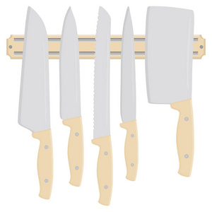 主题插图大彩色设置不同类型刀不同大小的屠夫。由厨房屠夫收藏配件组成的刀型。屠夫拿着菜刀吃饭。