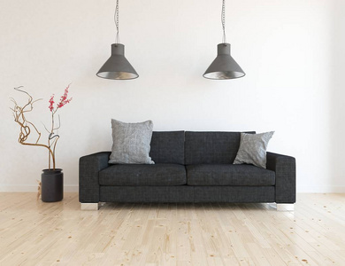 斯堪的纳维亚客厅内部有沙发和木地板的想法。家北欧内部。3D插图插图