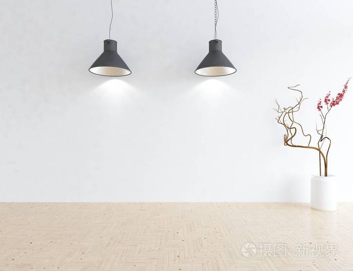 斯堪的纳维亚空房室内部与花瓶在木制地板上的想法。家北欧内部。3D图案