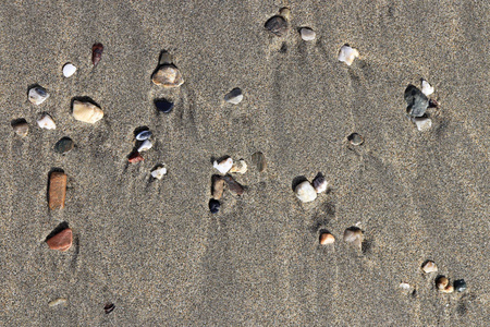 罕见的鹅卵石背景。不同的石头在湿沙上有污点。海滩美景背景。