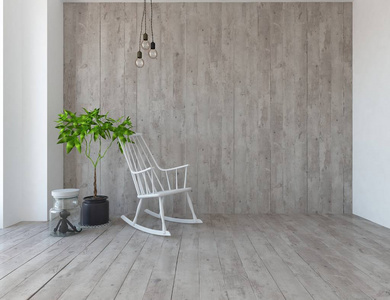 空斯堪的纳维亚房间内部的想法，植物和椅子在木制地板上。 家北欧内部。 三维插图