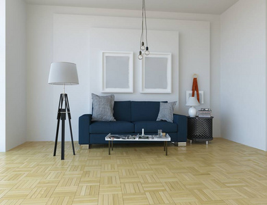 斯堪的纳维亚客厅内部的想法，沙发在木地板上，装饰在大墙上。 家北欧内部。 三维插图