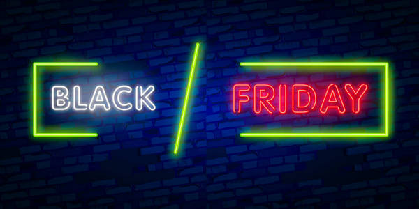 发光霓虹灯标志黑色星期五销售矩形框架与购物符号在深色砖墙背景。