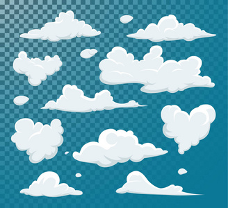 一组透明的不同云。向量例证白云在蓝色背景