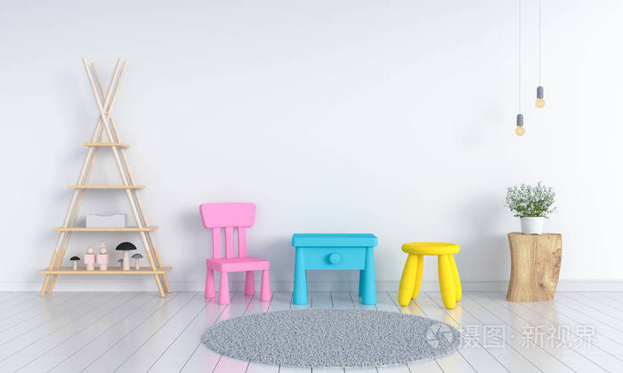 白色儿童房内部的桌椅，用于模型3D渲染