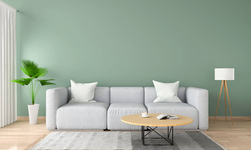 绿色客厅灰色沙发模拟3D渲染