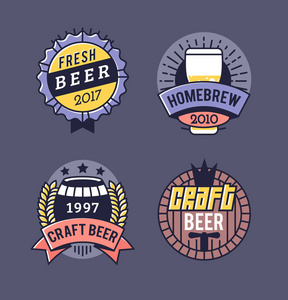 矢量线艺术徽章。 工艺啤酒标志。 啤酒屋或酒吧的老式标签。 复古啤酒厂模板和设计元素矢量