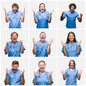 拼贴的一群专业医生护士在孤立的背景上庆祝疯狂和疯狂的成功，举起手臂和闭上眼睛尖叫兴奋。 赢家概念