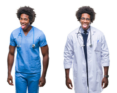 拼贴非裔美国年轻外科医生护士医生男子在孤立的背景下伸出舌头，以有趣的表情高兴。 情感概念。