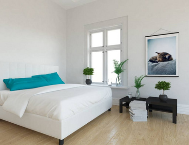 斯堪的纳维亚卧室内部的想法，双人床和图片上的大墙。 家北欧内部。 三维插图