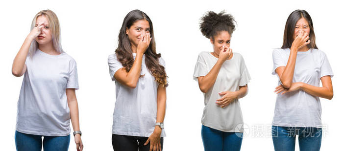 拼贴的一群中国阿拉伯非洲裔美国妇女在孤立的背景上闻到了一些臭味和
