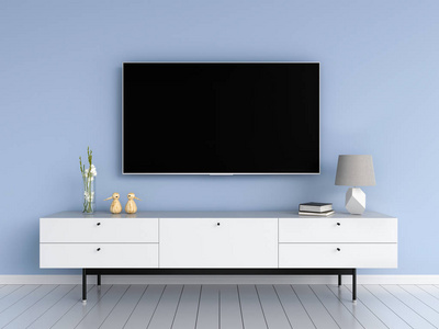 客厅3d渲染中的宽屏电视和侧板照片