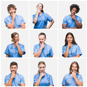 拼贴的一群专业医生护士在孤立的背景上自信地看着相机，微笑着交叉的手臂和举起的手在下巴上。 积极思考。