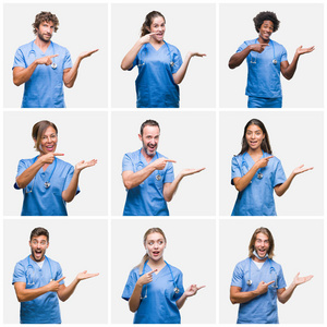 拼贴的一组专业医生护士在孤立的背景上惊讶和微笑的相机，同时呈现手和手指。
