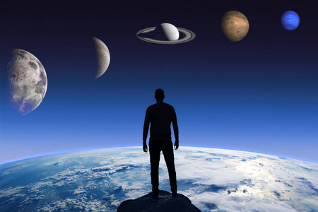 一个人在地球和不同行星背景上的轮廓.