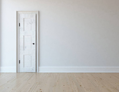 北欧墙壁空荡荡的斯堪的纳维亚房间内部,木地板上有门,窗户上有大的