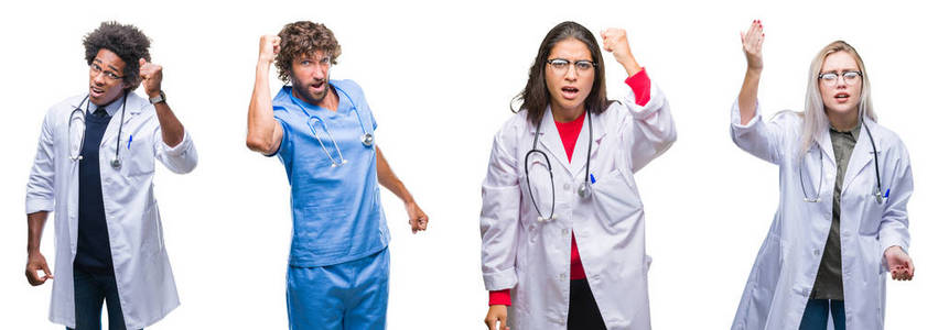 拼贴一群医生护士外科医生人们在孤立的背景下愤怒和疯狂地举起拳头，沮丧和愤怒地大喊大叫。 愤怒和侵略性的概念。