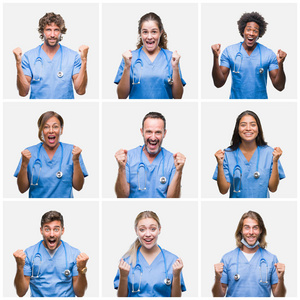 拼贴的一群专业医生护士在孤立的背景上庆祝惊讶和惊讶的成功，举起手臂和睁开眼睛。 赢家概念。