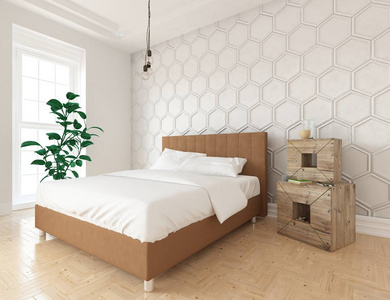 一个白色斯堪的纳维亚客厅内部与床和木制地板的想法。 家北欧内部。 三维插图